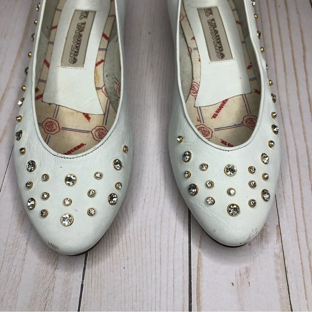El Vaquero Vintage Rhinestone Studded Leather White Flats/Low Heels Sz 38 - Picture 6 of 14